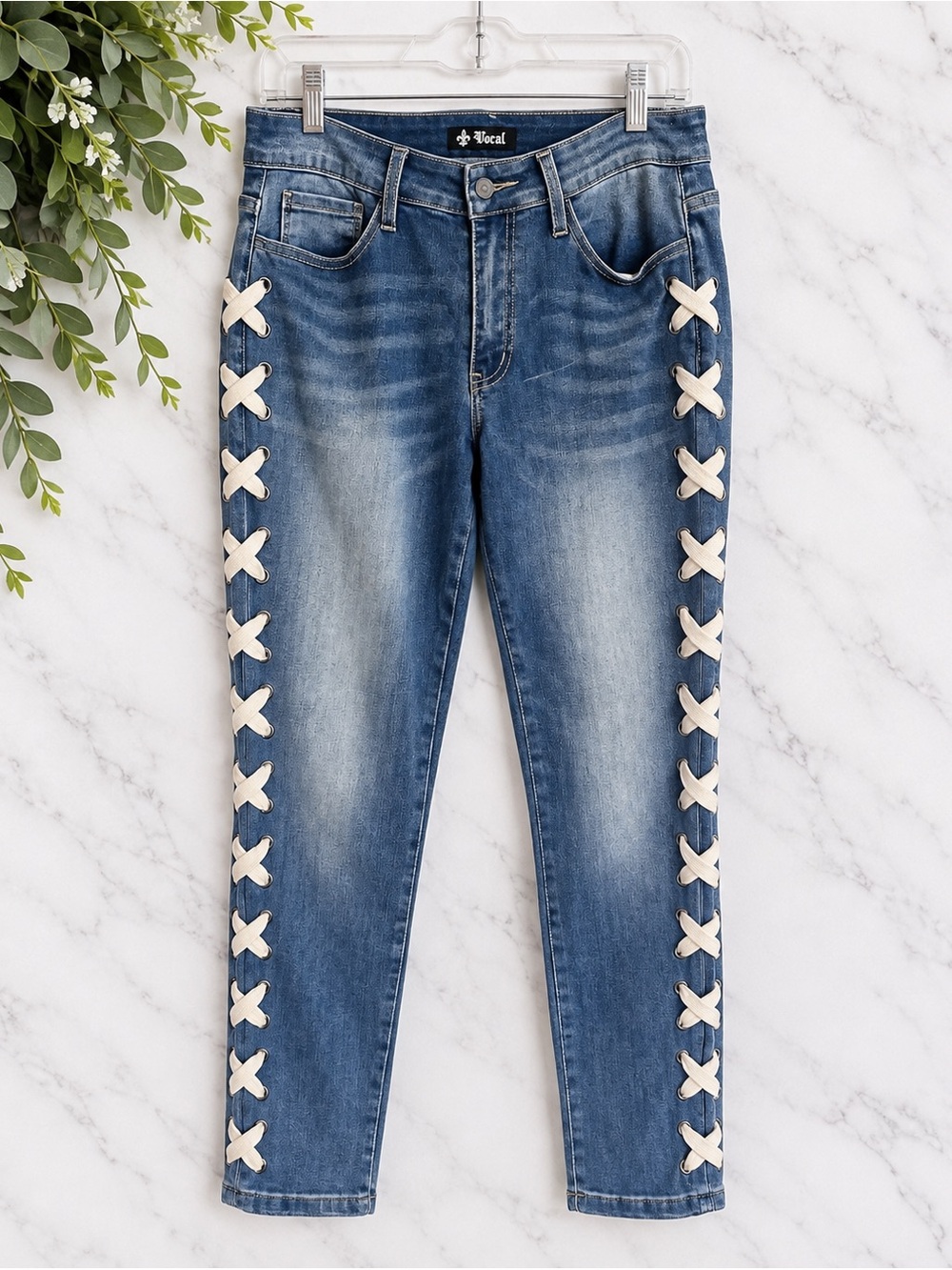 Vocal Lace Up Jeans Size L Medium Wash Corset Side Y2K Stretch Denim